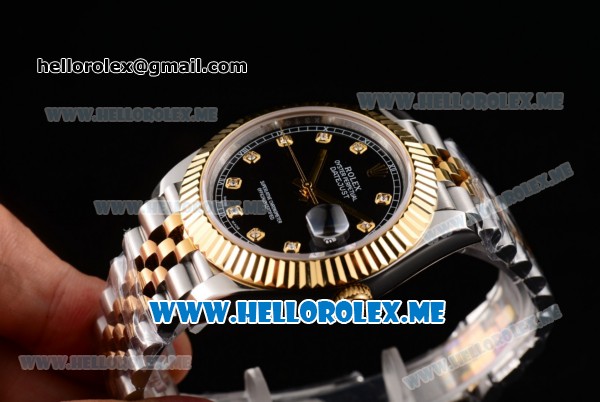 Rolex Datejust II Asia 2813 Automatic Two Tone Case/Bracelet with Black Dial and Diamonds Markers (BP) - Click Image to Close